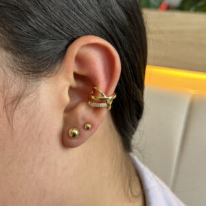 Earcuff equis liso y línea con circon en rodio