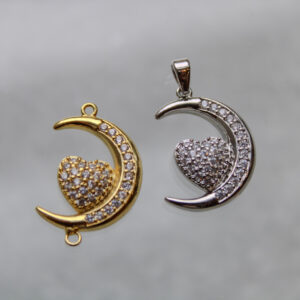 Dije media luna y corazón con zircones en rodio