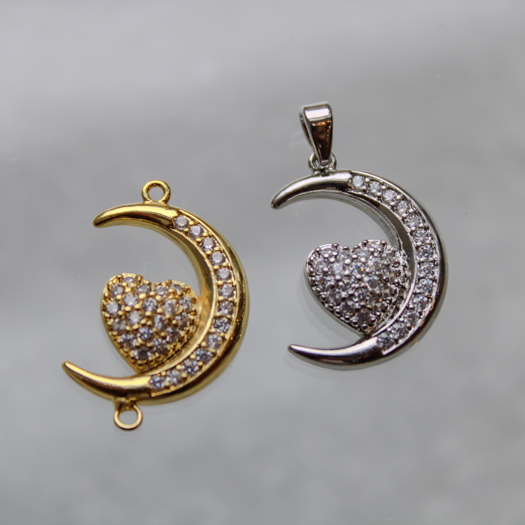 Dije media luna y corazón con zircones en rodio