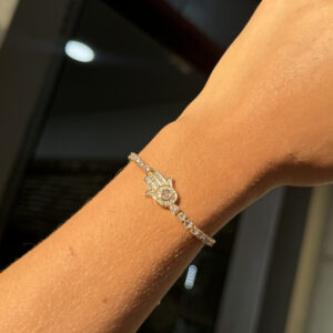 Pulsera mano ojo turco con zircones en rodio