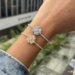 Pulsera flor antiestrés con zircones en rodio